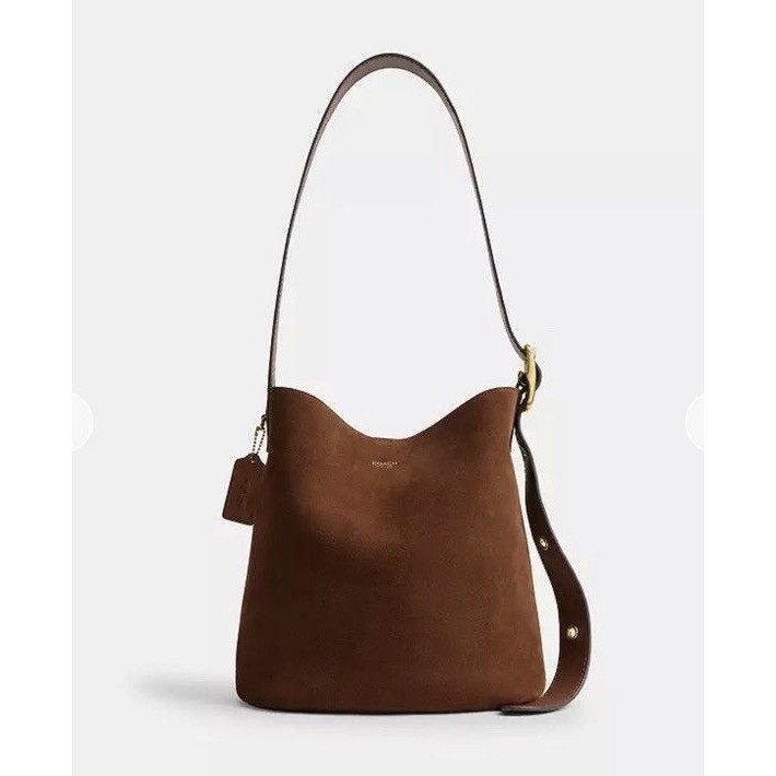 Coach 2026 Bleeker Bucket Bag Purse Brown Suede With Removable Zip Pouch